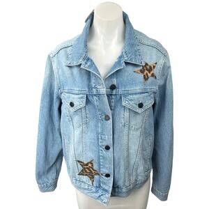 NEW Unemployed Denim Blue Star Leopard Patches Button Collar Jean Coat Jacket M